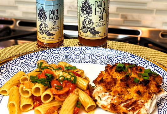 Lemon Zest Panko Crusted Datil Blackened Snapper with White Wine Onion Garlic Tomato Pasta