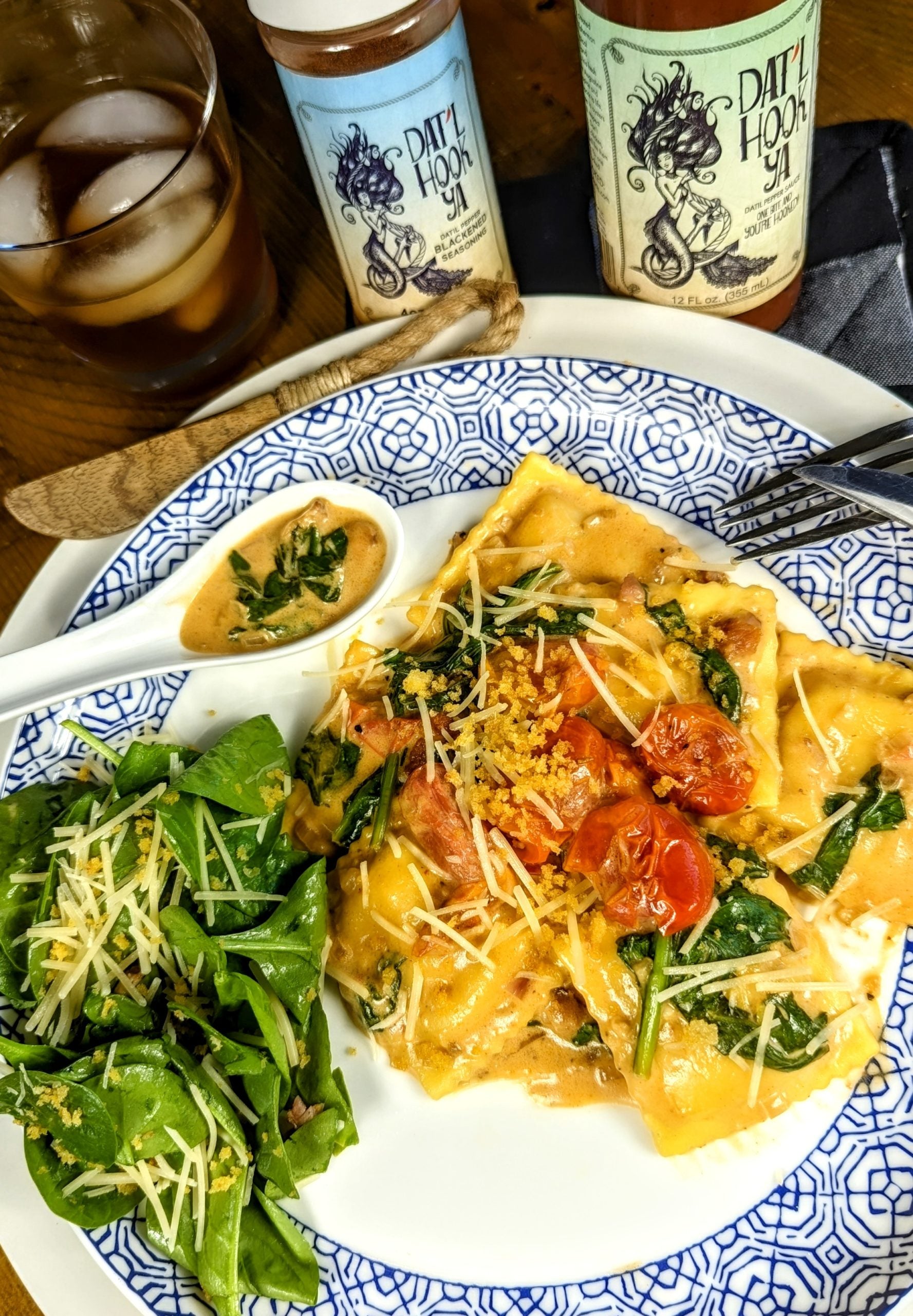 Dat’l Hook Ya Lemon Garlic Sauce over Lobster Ravioli