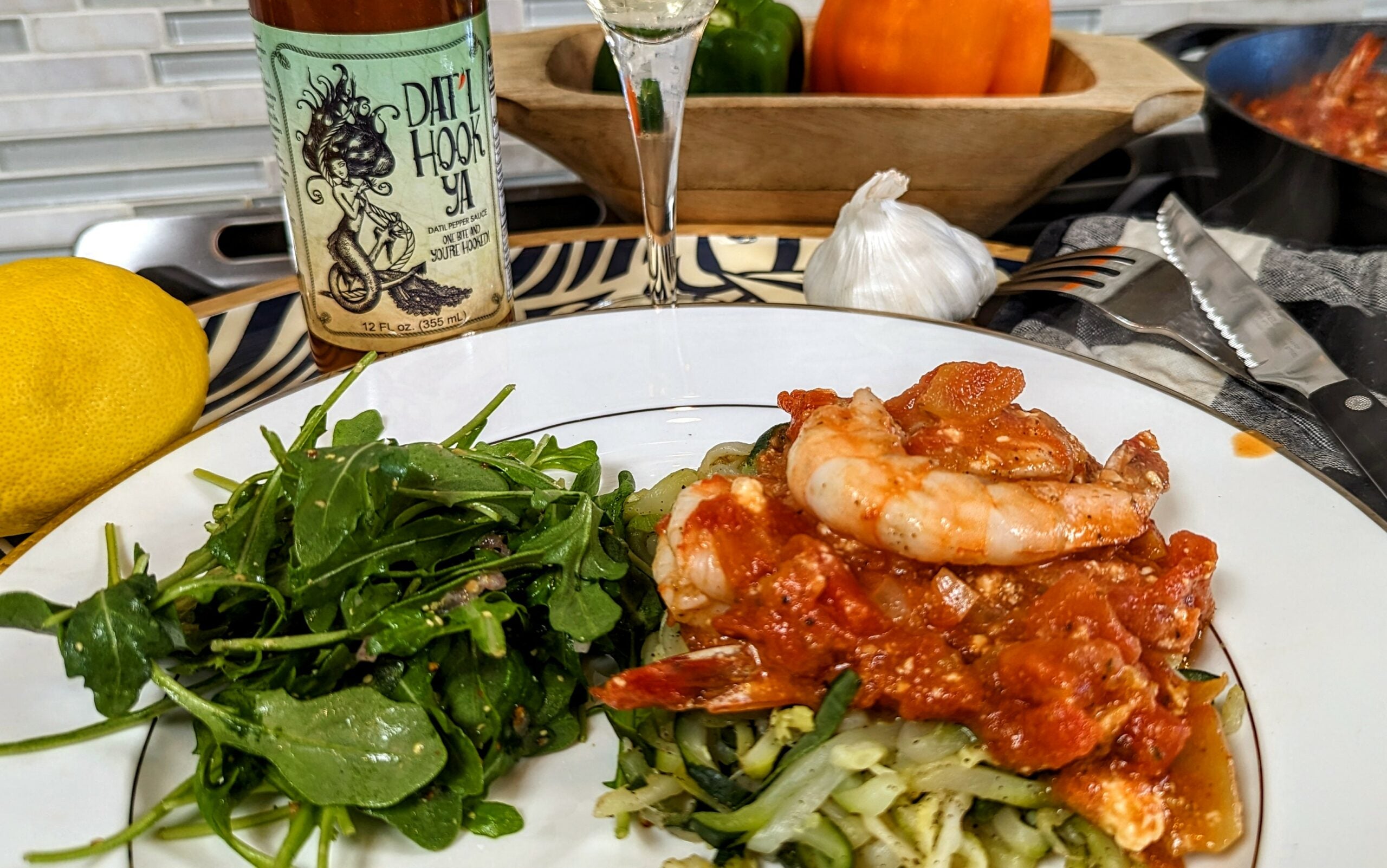 Dat’l Hook Ya Spicy Shrimp Tomato Feta Cheese Sauce with a Dijon Mustard Shallot Garlic Vinaigrette Arugula Salad (low carb option avalaible)
