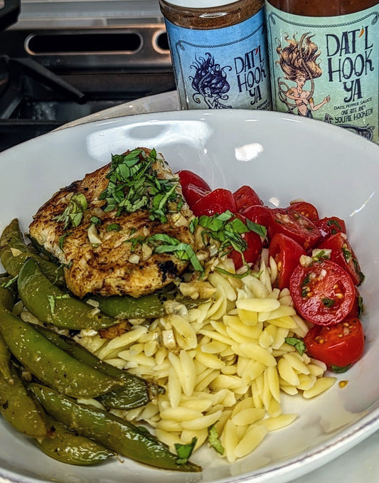Dat’l Hook Ya Pinot Grigio Lemon Butter Garlic Sauce with Blackened Fish Over Orzo With Snap Peas &amp; Basil Cherry Tomatoes