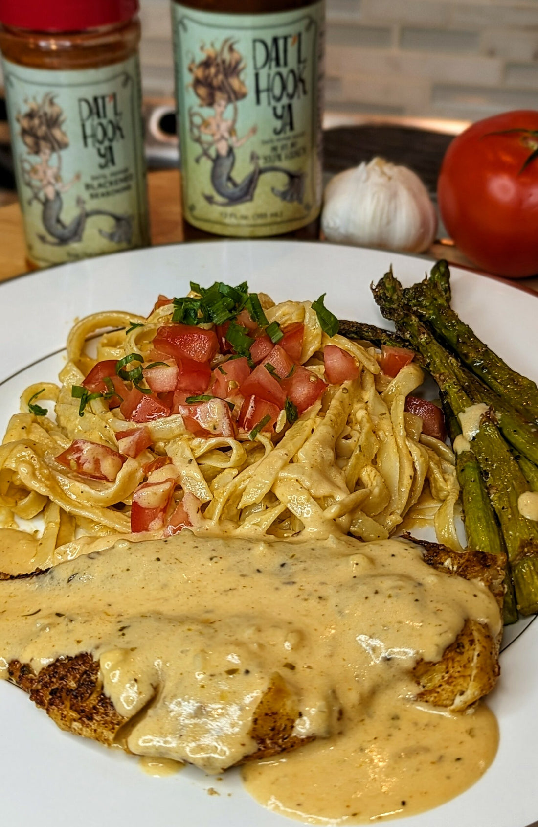 Dat’l Hook Ya Blackened Chicken Alfredo- Sauce is homemade, YUM!