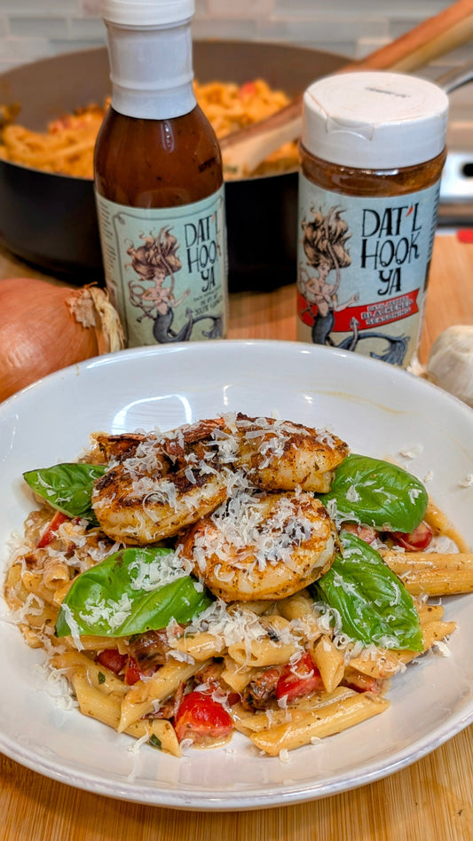 Dat'l Hook Ya Blackened Shrimp Over Pasta With a Sundried Tomato Parmesan Basil Cream Sauce