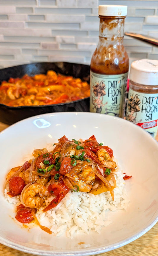Dat'l Hook Ya Blackened Shrimp in a Tomato, Shallot and Bell Pepper Sauce over Jasmine Rice