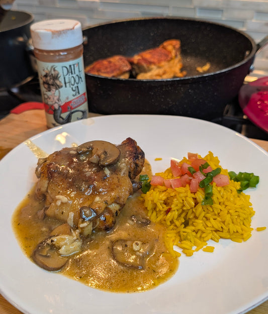 Dat’l Hook Ya Blackened Chicken Thighs with a Champagne Mushroom Garlic sauce