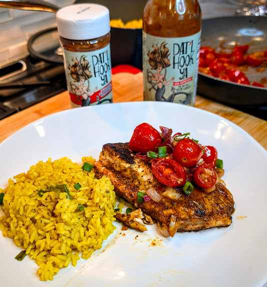 Dat'l Hook Ya Blackened Fish Topped with Garlic, Shallot, and a Lemon Zest Tomato White Wine Reduction