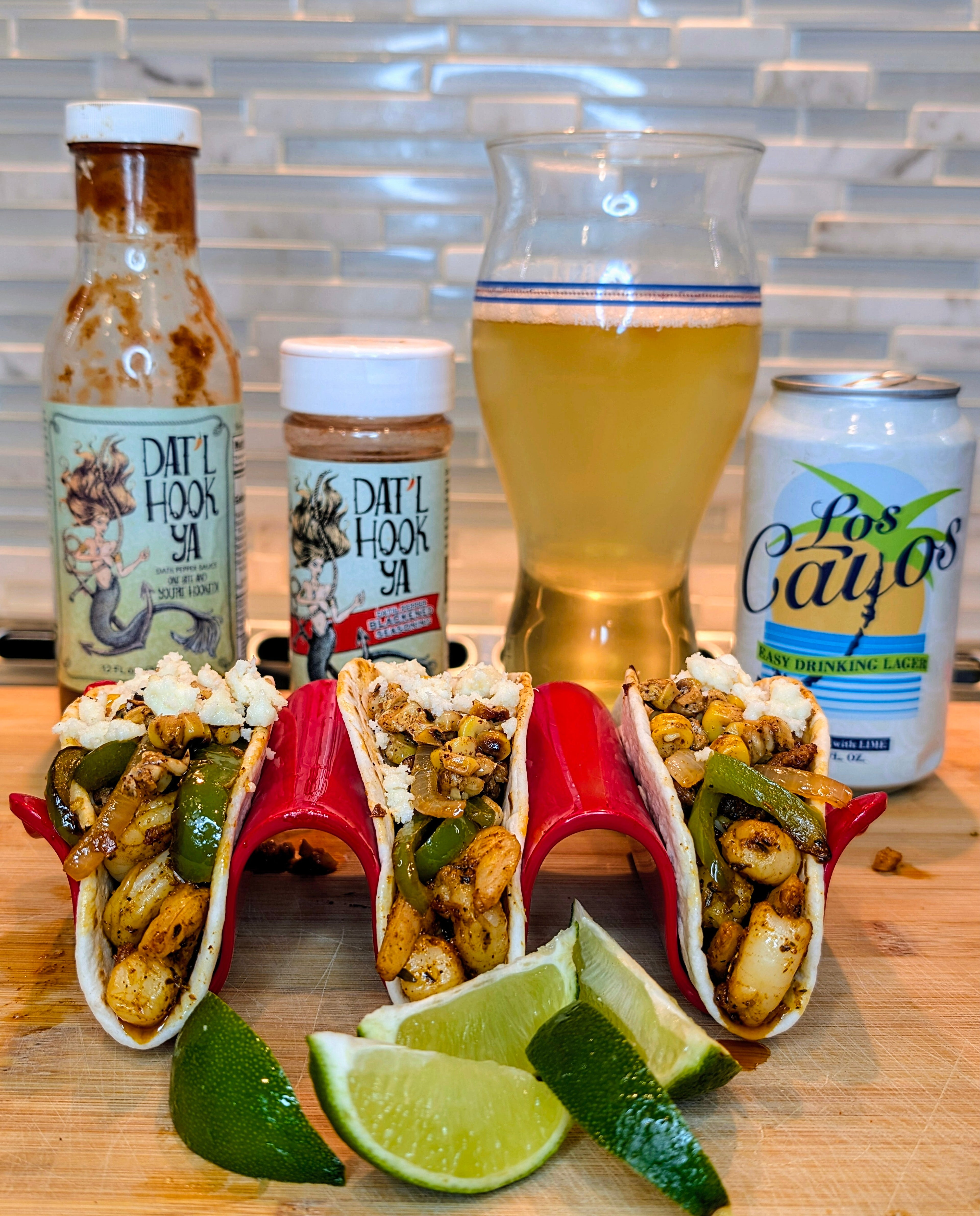 Dat'l Hook Ya Chorizo Beer Braised Street Corn Taco's with Blackened Shrimp
