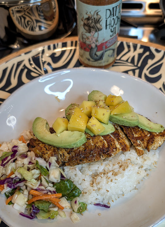 Dat'l Hook Ya Blackened Snapper with Mango & Avacado Over Coconut Rice with a side of Asian Salad