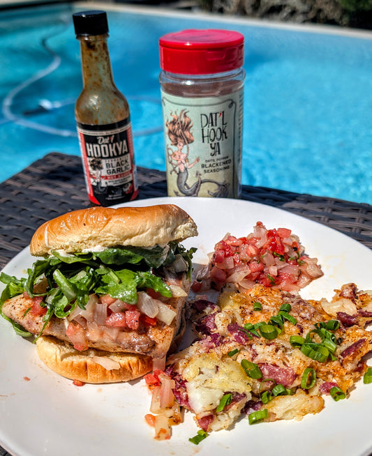 Grilled Blackened Fish Sandwiches with Charred Onion-Tomato Relish, Lemon Dijon Arugula & Crispy Parmesan Smashed Potatoes