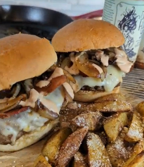 Dat’l Hook Ya White Cheddar burger with Bacon and Caramelized onion with a side of Parmesan Fries